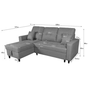 SOFÁ CHAISE LONGUE DE 3 PLAZAS CON ARCÓN MULTIUSOS - TELA MALMO GRIS