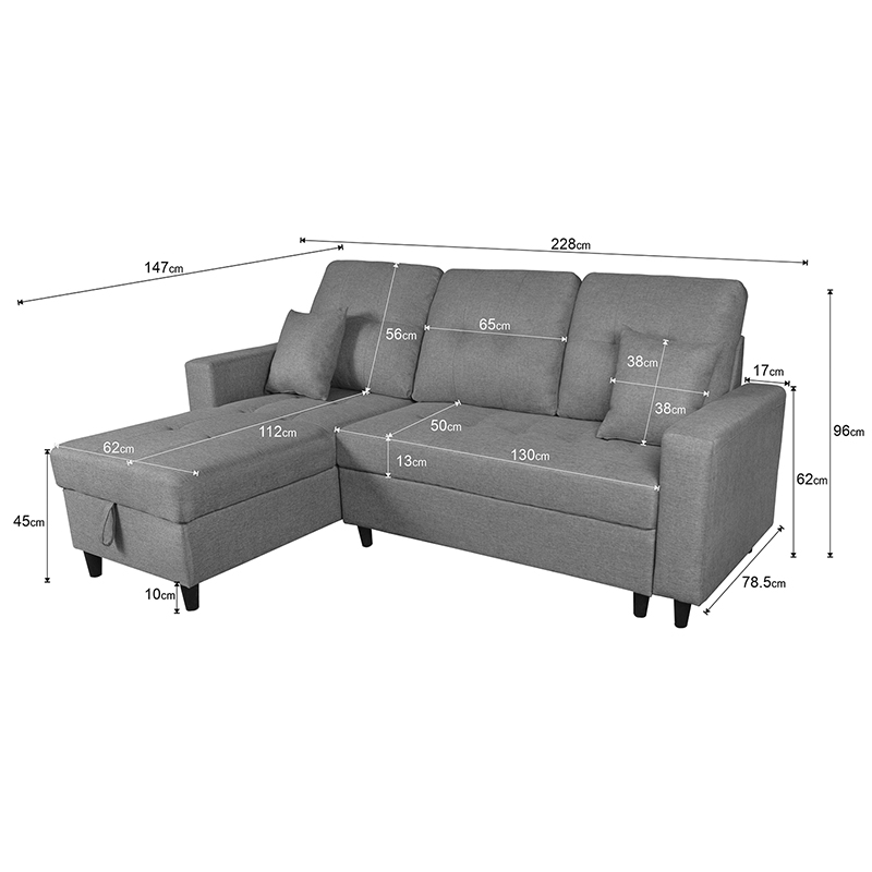 SOFÁ CHAISE LONGUE DE 3 PLAZAS CON ARCÓN MULTIUSOS - TELA MALMO GRIS
