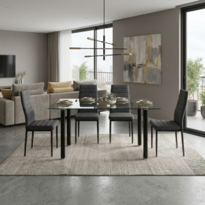 CONJUNTO-MESA-4SILLAS CONJUNTO DE COMEDOR - MESA DE CRISTAL TEMPLADO Y 4 SILLAS TAPIZADAS