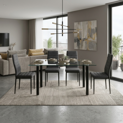 CONJUNTO DE COMEDOR - MESA DE CRISTAL TEMPLADO Y 4 SILLAS TAPIZADAS