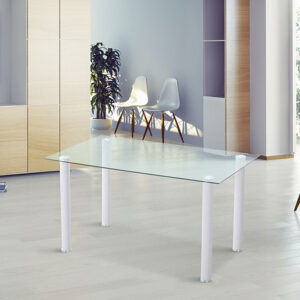 MESA_blanco CONJUNTO DE COMEDOR - MESA DE CRISTAL TEMPLADO Y 4 SILLAS TAPIZADAS